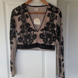 Altar'd State Black Floral Embroidered Sheer V-Neck Crop Top on Nude